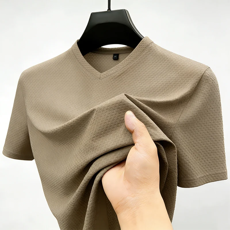 Fashion Men's Business Casual Ice Silk T-Shirt V Neck Short Sleeve Khaki Daily Work Wear