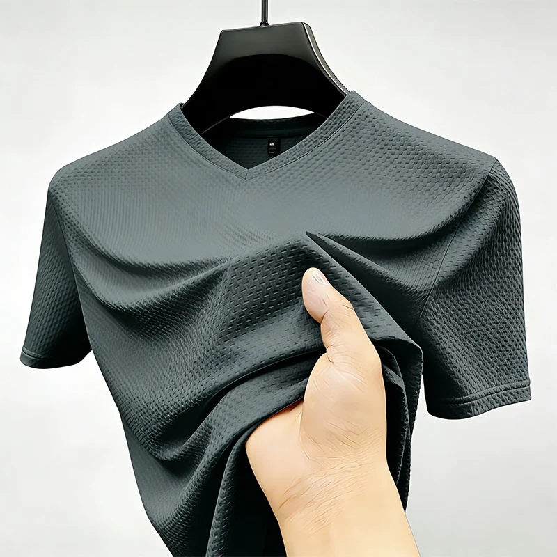 Fashion Men's Business Casual Ice Silk T-Shirt V Neck Short Sleeve Khaki Daily Work Wear