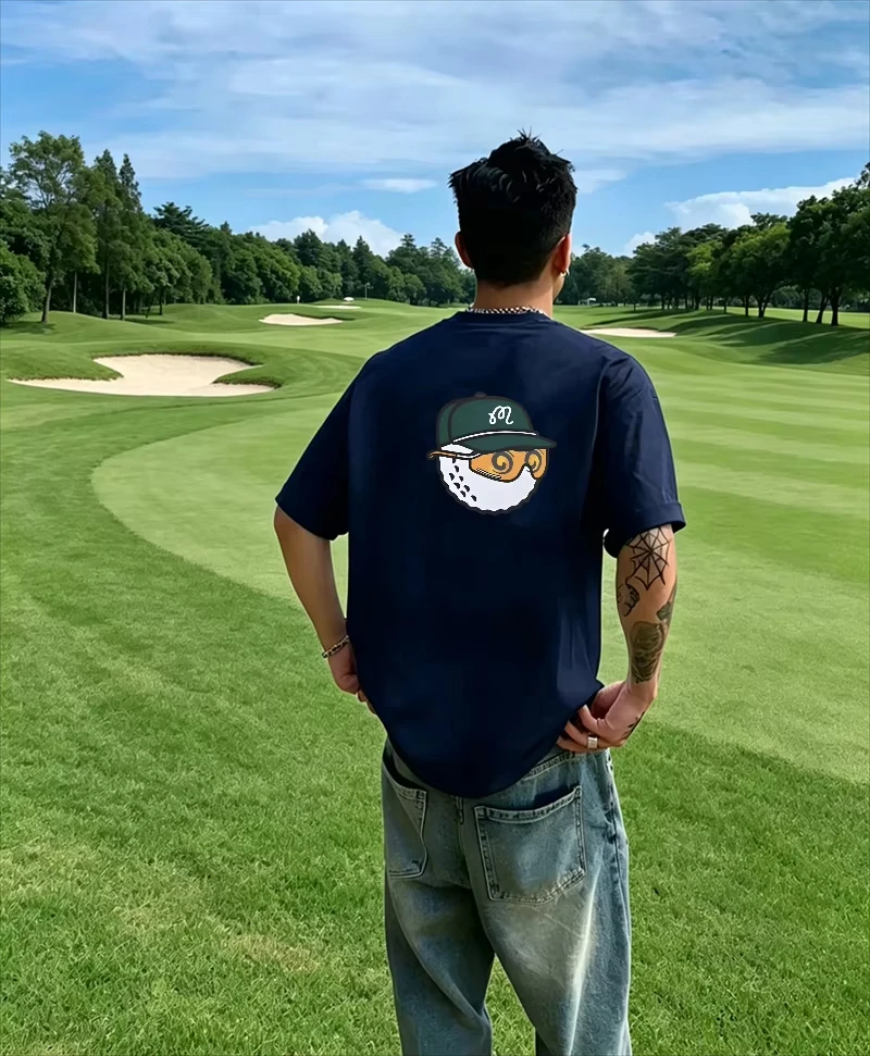Men's Navy Blue Streetwear Golf T - Shirt with Golf Clothing Golf Ball & Cap Graphic