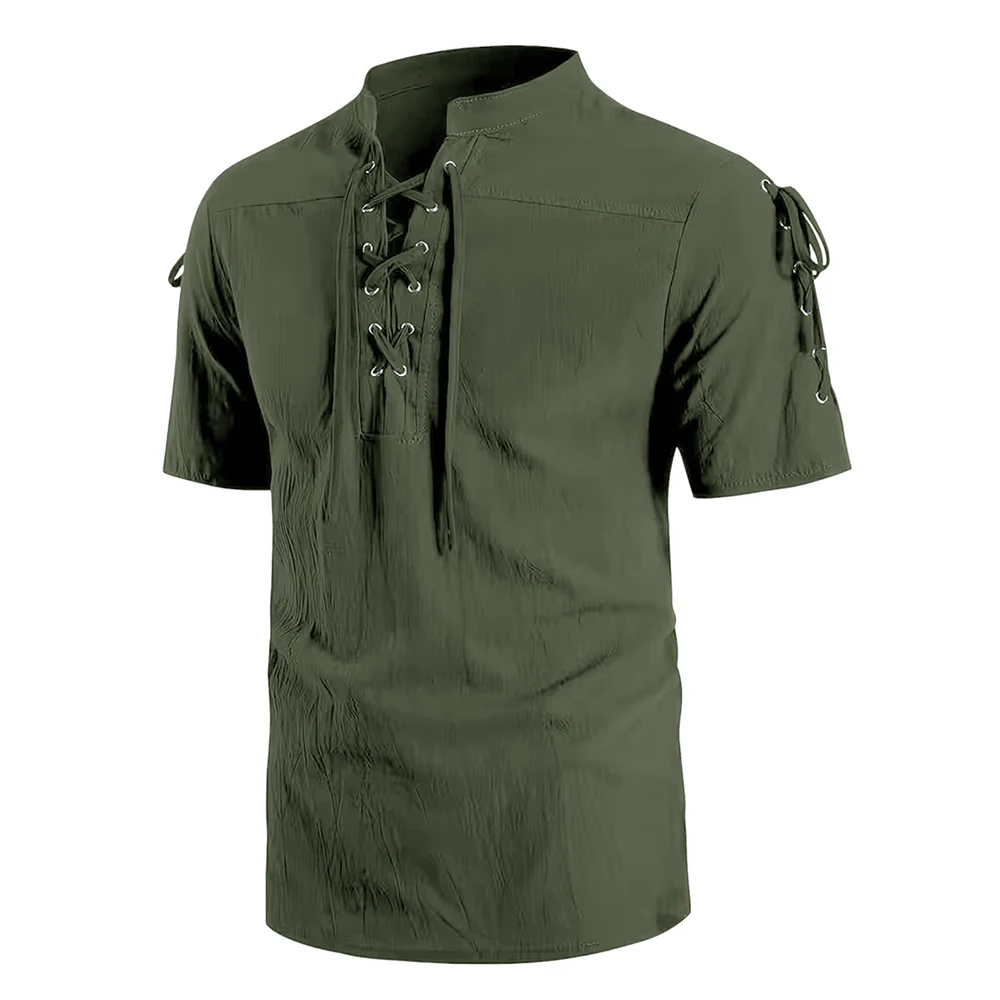 Men's Vintage Short Sleeve Shirt Renaissance Pirate Style Lace Up Design Cotton Lightweight Stand Collar Gothic Costume