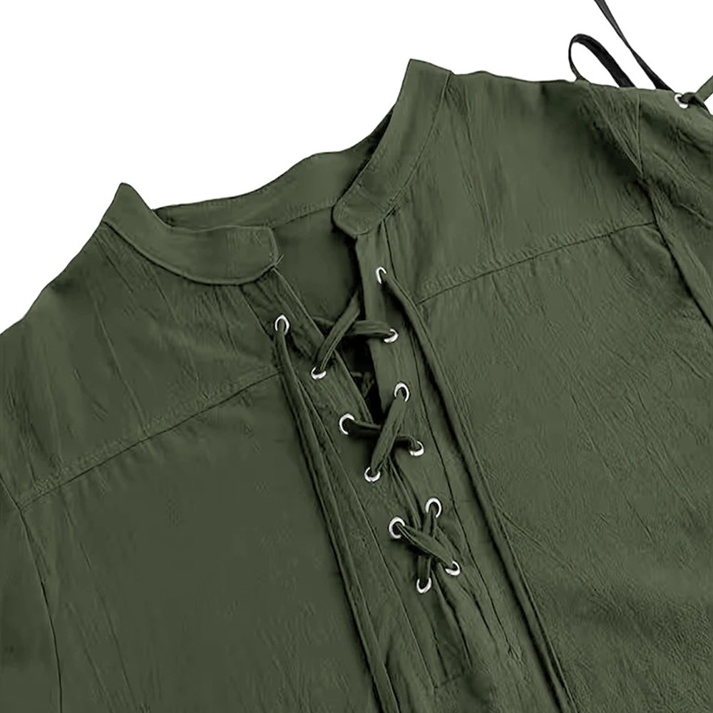 Men's Vintage Short Sleeve Shirt Renaissance Pirate Style Lace Up Design Cotton Lightweight Stand Collar Gothic Costume
