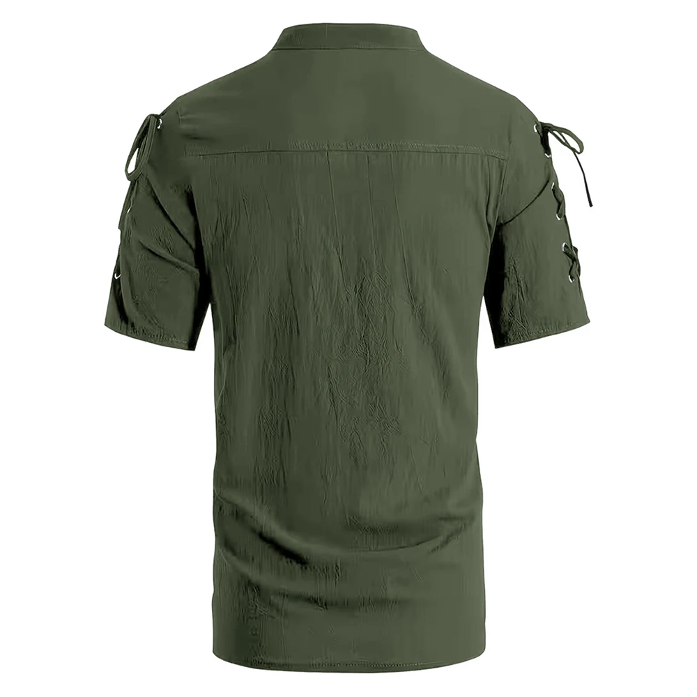 Men's Vintage Short Sleeve Shirt Renaissance Pirate Style Lace Up Design Cotton Lightweight Stand Collar Gothic Costume