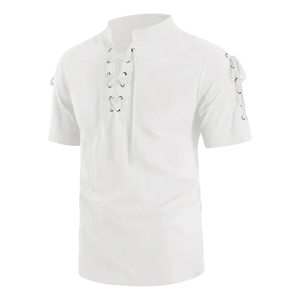 Men's Vintage Short Sleeve Shirt Renaissance Pirate Style Lace Up Design Cotton Lightweight Stand Collar Gothic Costume