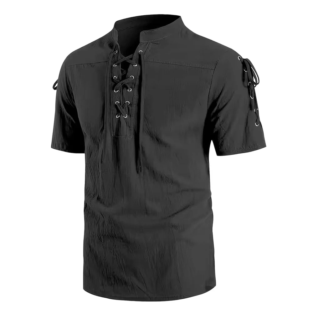 Men's Vintage Short Sleeve Shirt Renaissance Pirate Style Lace Up Design Cotton Lightweight Stand Collar Gothic Costume