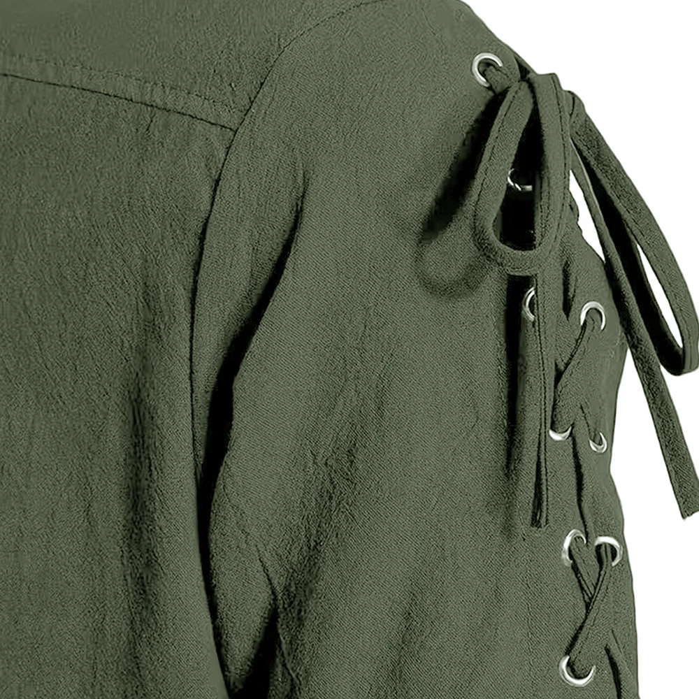 Men's Vintage Short Sleeve Shirt Renaissance Pirate Style Lace Up Design Cotton Lightweight Stand Collar Gothic Costume