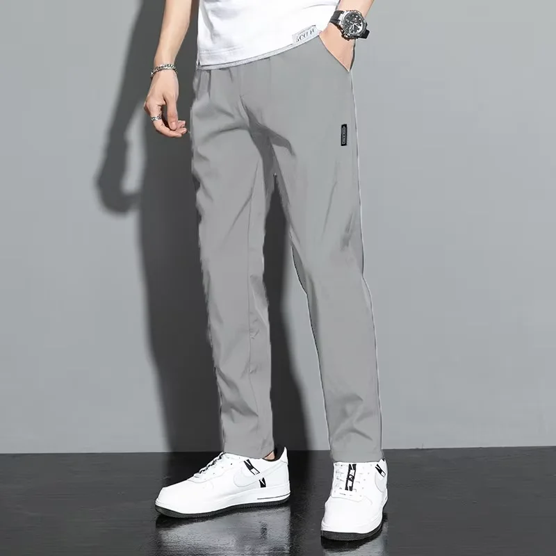 Ice Silk Men's Pants 2025 Summer New Black Gray Thin Business Casual Pants Outdoor Elastic Breathable Straight Leg Sweatpants