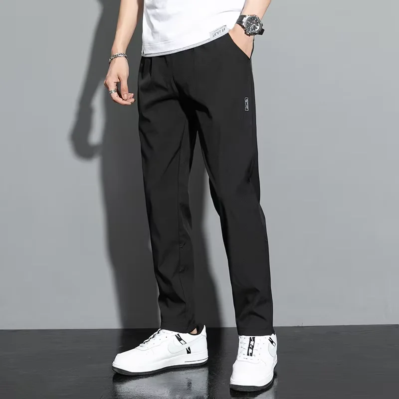 Ice Silk Men's Pants 2025 Summer New Black Gray Thin Business Casual Pants Outdoor Elastic Breathable Straight Leg Sweatpants