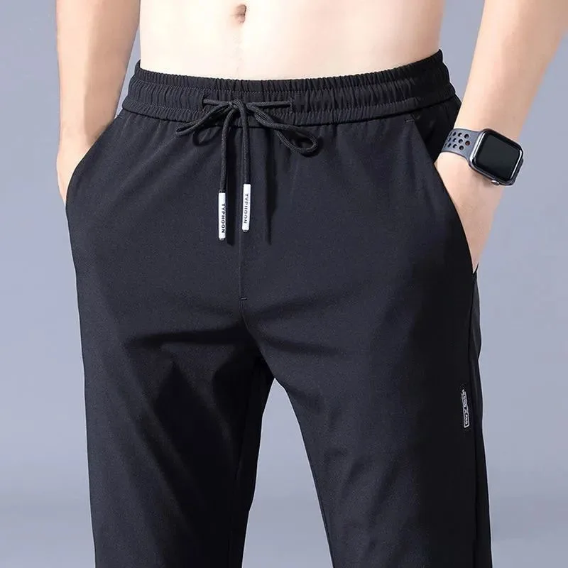 Ice Silk Men's Pants 2025 Summer New Black Gray Thin Business Casual Pants Outdoor Elastic Breathable Straight Leg Sweatpants