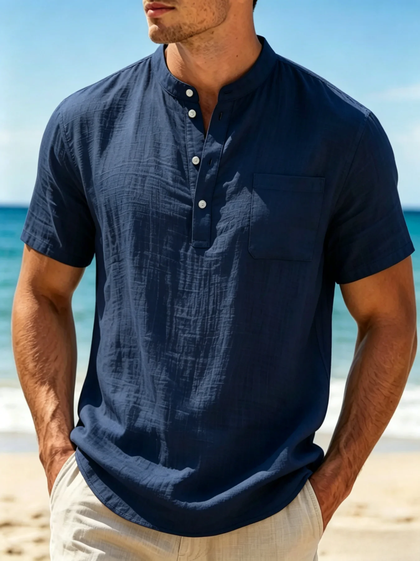 Men's Cotton Linen Blend Henley Shirt lightweight Breathable Casual Short Sleeve Beach Top with Chest Pocket