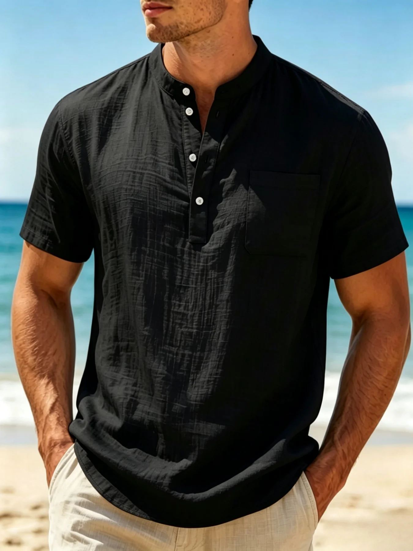 Men's Cotton Linen Blend Henley Shirt lightweight Breathable Casual Short Sleeve Beach Top with Chest Pocket