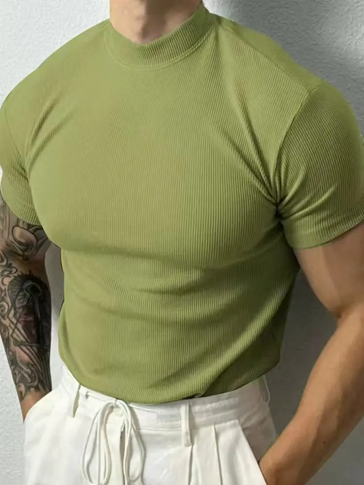 2025 Summer Men's Ribbed Mock Neck T-Shirt Slim Fit Muscle Short Sleeve Breathable Stretchy Casual Fitness Gym Tops