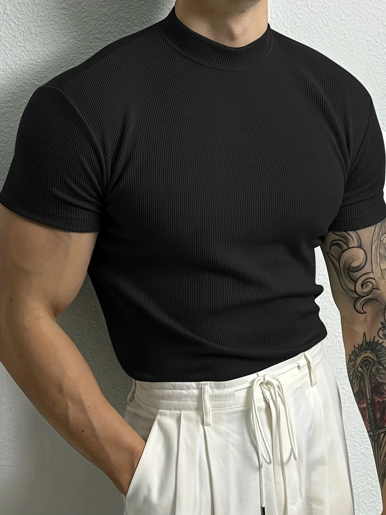 2025 Summer Men's Ribbed Mock Neck T-Shirt Slim Fit Muscle Short Sleeve Breathable Stretchy Casual Fitness Gym Tops