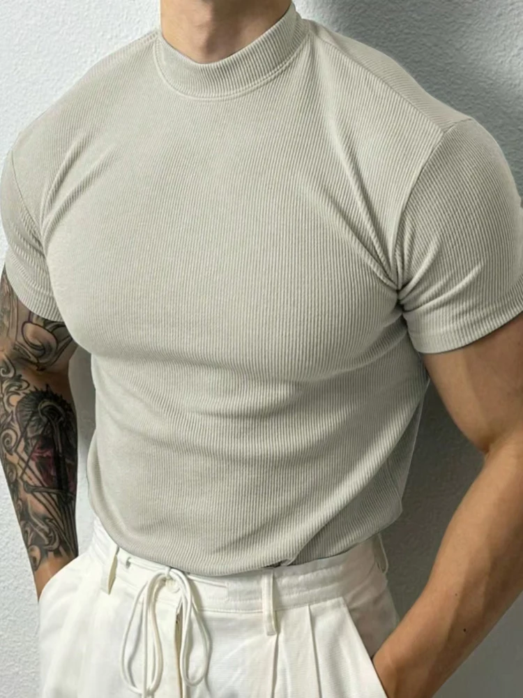 2025 Summer Men's Ribbed Mock Neck T-Shirt Slim Fit Muscle Short Sleeve Breathable Stretchy Casual Fitness Gym Tops