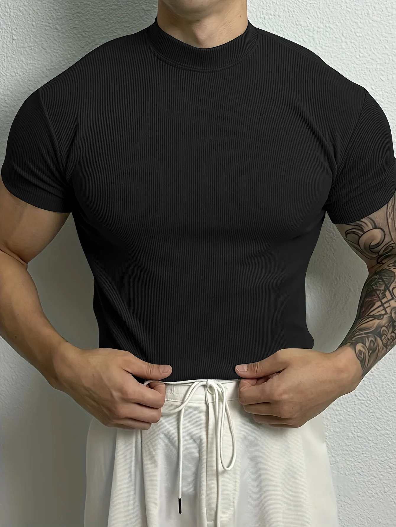 2025 Summer Men's Ribbed Mock Neck T-Shirt Slim Fit Muscle Short Sleeve Breathable Stretchy Casual Fitness Gym Tops