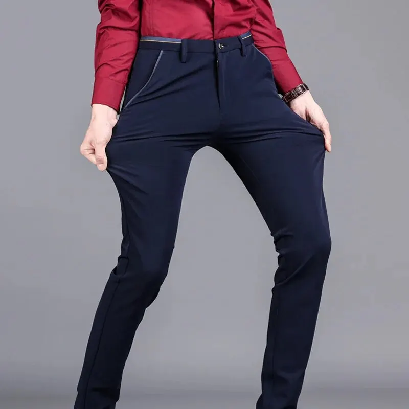 Men's Elastic Straight Pants Business Casual Long Suit Pants Male Formal Trousers Solid Colors Black BLue