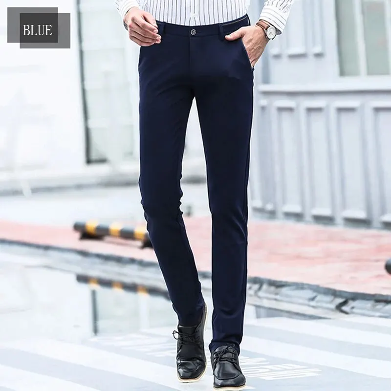Men's Elastic Straight Pants Business Casual Long Suit Pants Male Formal Trousers Solid Colors Black BLue