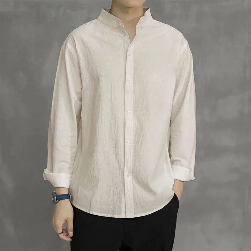 Spring Autumn Men's Shirt Long Sleeve Solid Color Cotton Linen Henley Neck Single Breathable Korean Style Fashion Male Top