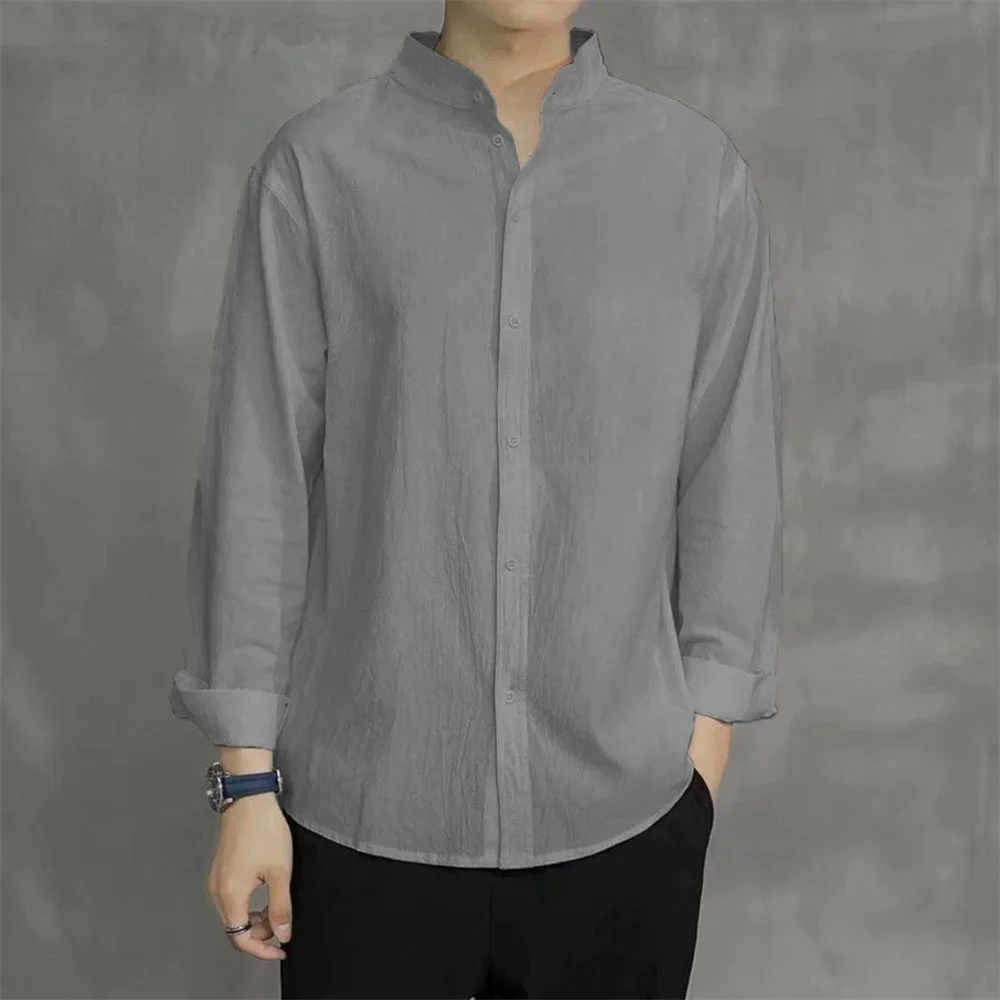 Spring Autumn Men's Shirt Long Sleeve Solid Color Cotton Linen Henley Neck Single Breathable Korean Style Fashion Male Top