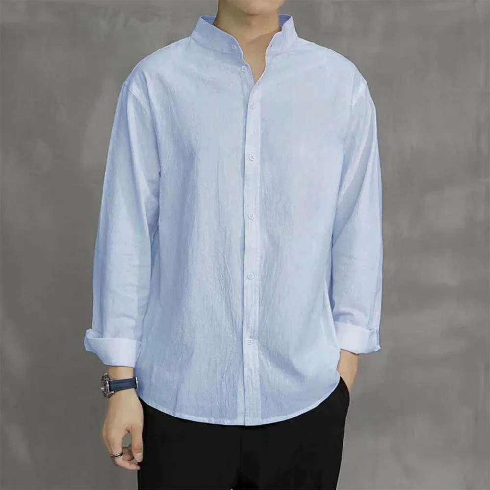 Spring Autumn Men's Shirt Long Sleeve Solid Color Cotton Linen Henley Neck Single Breathable Korean Style Fashion Male Top