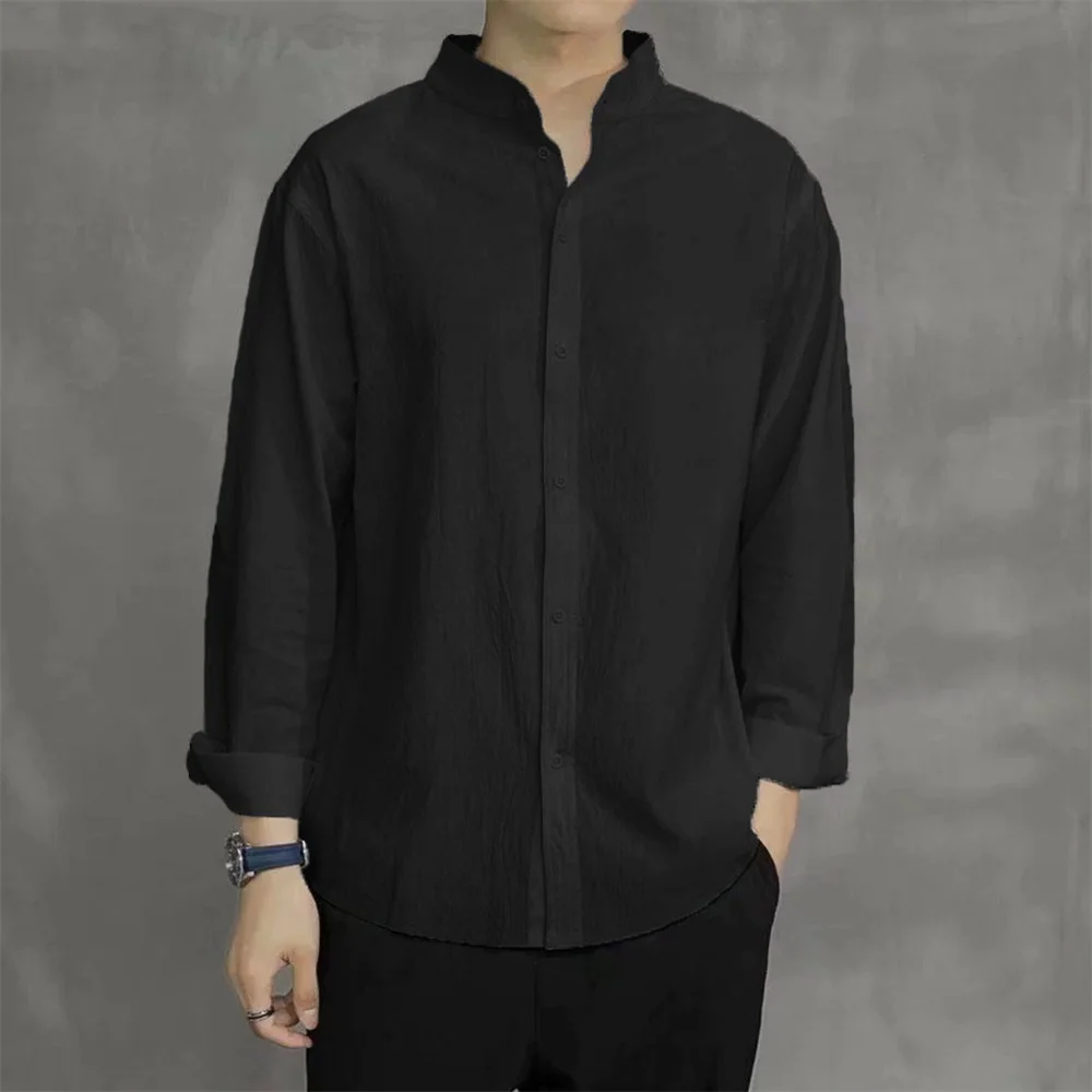 Spring Autumn Men's Shirt Long Sleeve Solid Color Cotton Linen Henley Neck Single Breathable Korean Style Fashion Male Top