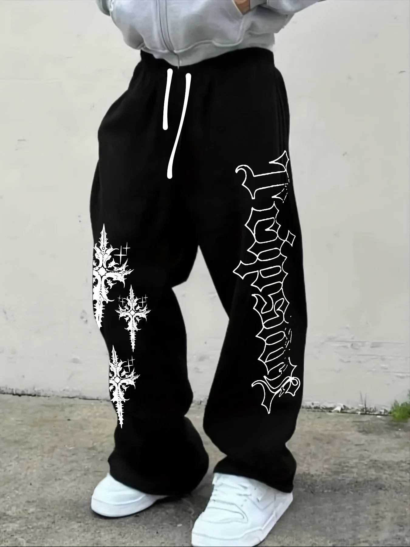 Men Gothic Vertical Graphic Wide Leg Sweatpants Drawstring Loose Straight Baggy Y2K Dark Punk Streetwear Pants.