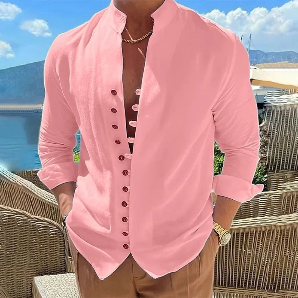 Spring and Autumn Cotton Linen Shirt Men Hot Sale Men's Long-Sleeved Shirts Solid Color Button Up Casual Style Plus Size