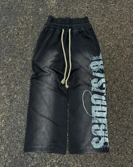 Summer Hot Distressed Vertical Letter Print Wide Leg Pants Unisex Thick Drawstring Y2K Vintage Hip Hop Streetwear Trousers