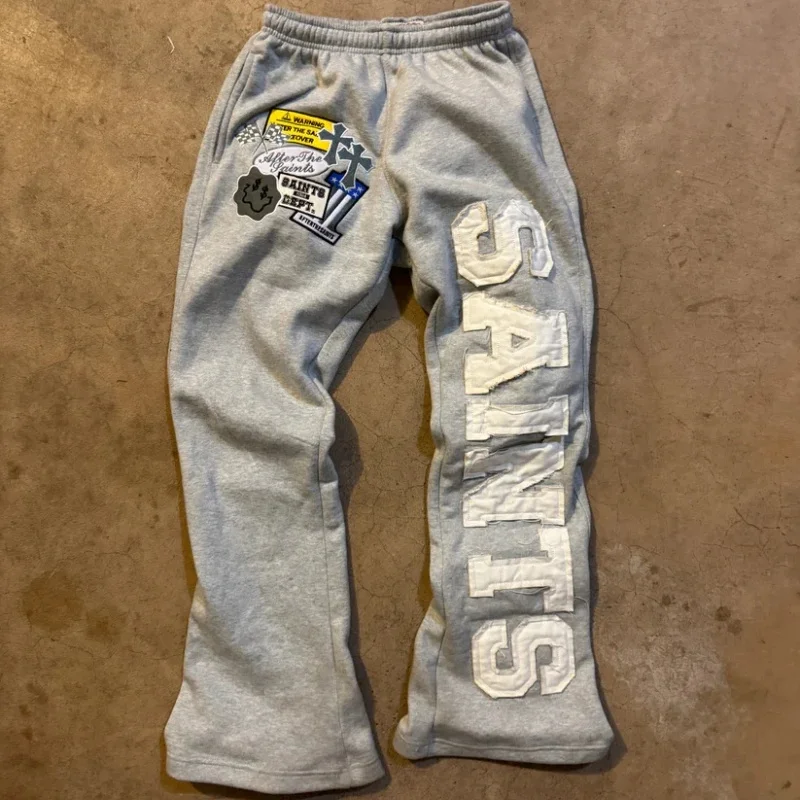 Summer Hot Distressed Vertical Letter Print Wide Leg Pants Unisex Thick Drawstring Y2K Vintage Hip Hop Streetwear Trousers
