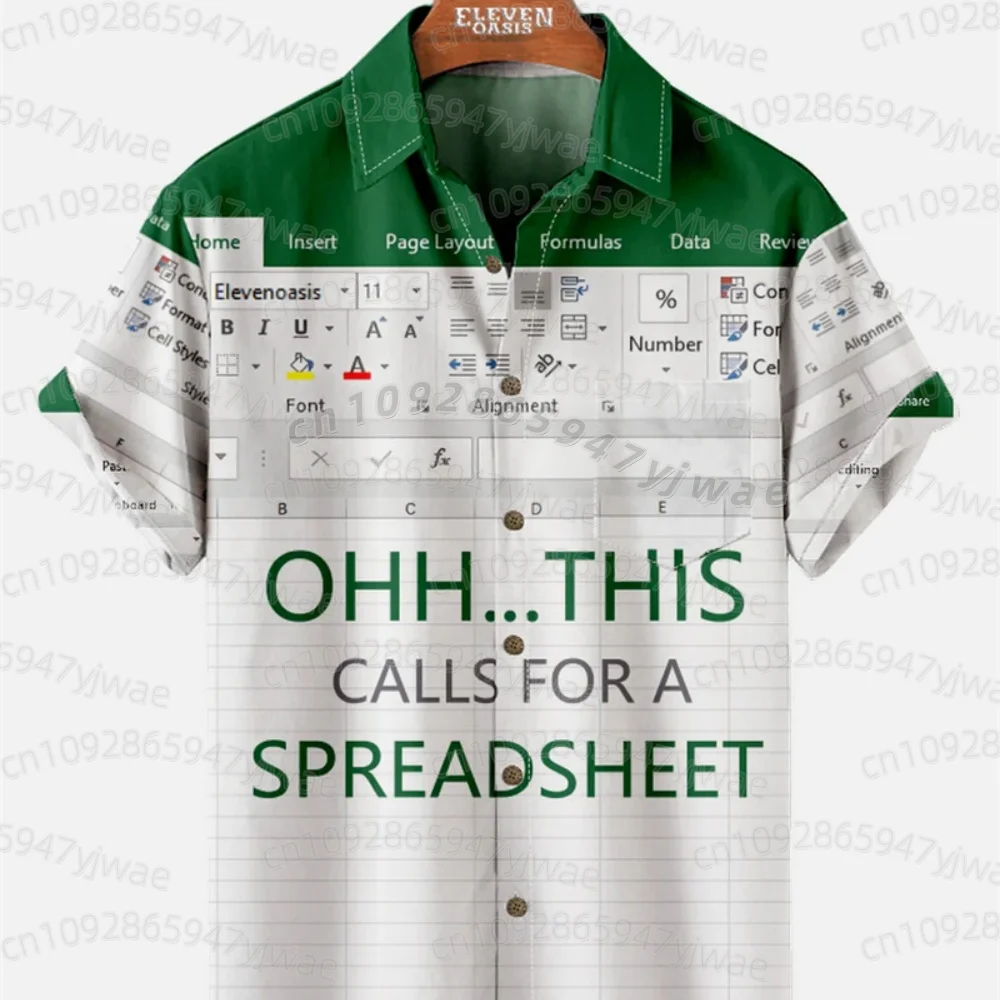 3D Print Graphic Funny Excel Spreadsheet Hawaiian Shirt Leisure Vacation Style Loose Button Shirts Creative Work MEN SHIRT