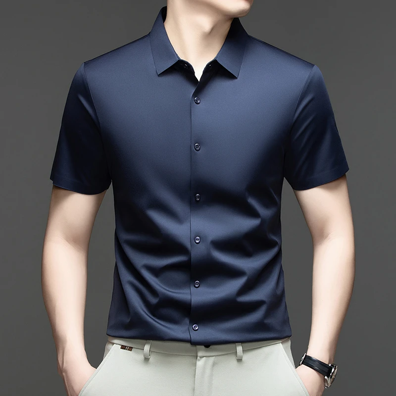 Mens Business Casual Shirt Short Sleeve Ice Silk Fabric Premium Quality WrinkleResistant for Daily Life