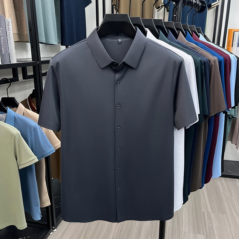 Mens Business Casual Shirt Short Sleeve Ice Silk Fabric Premium Quality WrinkleResistant for Daily Life