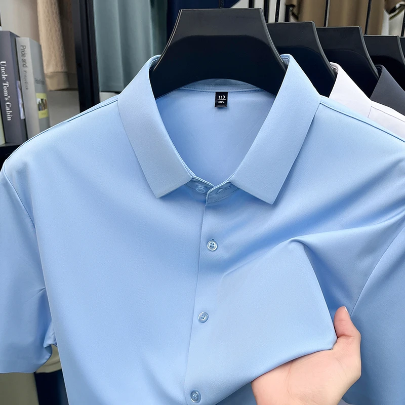 Mens Business Casual Shirt Short Sleeve Ice Silk Fabric Premium Quality WrinkleResistant for Daily Life