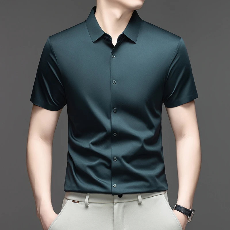 Mens Business Casual Shirt Short Sleeve Ice Silk Fabric Premium Quality WrinkleResistant for Daily Life