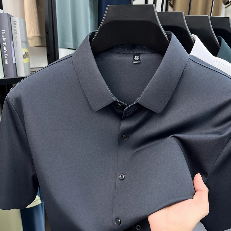 Mens Business Casual Shirt Short Sleeve Ice Silk Fabric Premium Quality WrinkleResistant for Daily Life