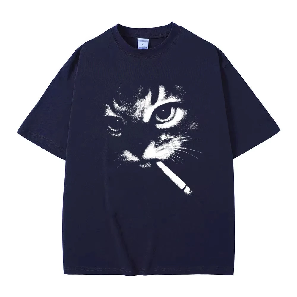 Funny Meme Smoking Cat Face Graphic T-shirts Men Women Casual Cotton Vintage T Shirts Men's Oversized T-shirts Cats Lovers Gifts