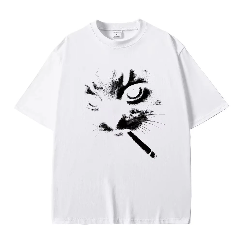 Funny Meme Smoking Cat Face Graphic T-shirts Men Women Casual Cotton Vintage T Shirts Men's Oversized T-shirts Cats Lovers Gifts