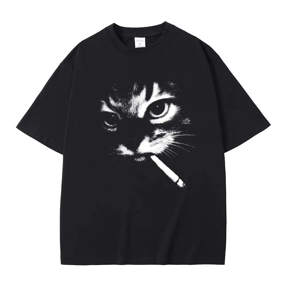 Funny Meme Smoking Cat Face Graphic T-shirts Men Women Casual Cotton Vintage T Shirts Men's Oversized T-shirts Cats Lovers Gifts