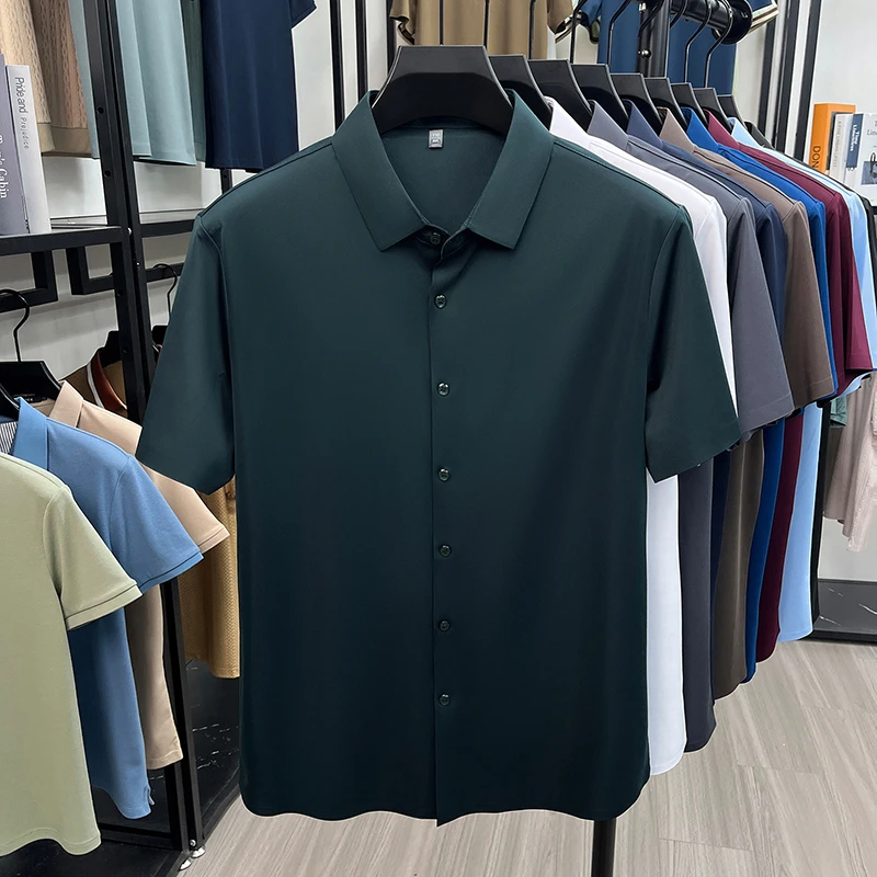 Casual Mens Short Sleeve Button Down Shirt Ice Silk Fabric Breathable Wrinkle Resistant Summer Formal Top