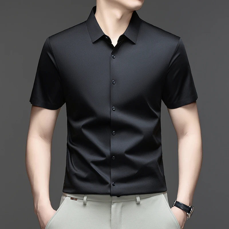 Casual Mens Short Sleeve Button Down Shirt Ice Silk Fabric Breathable Wrinkle Resistant Summer Formal Top