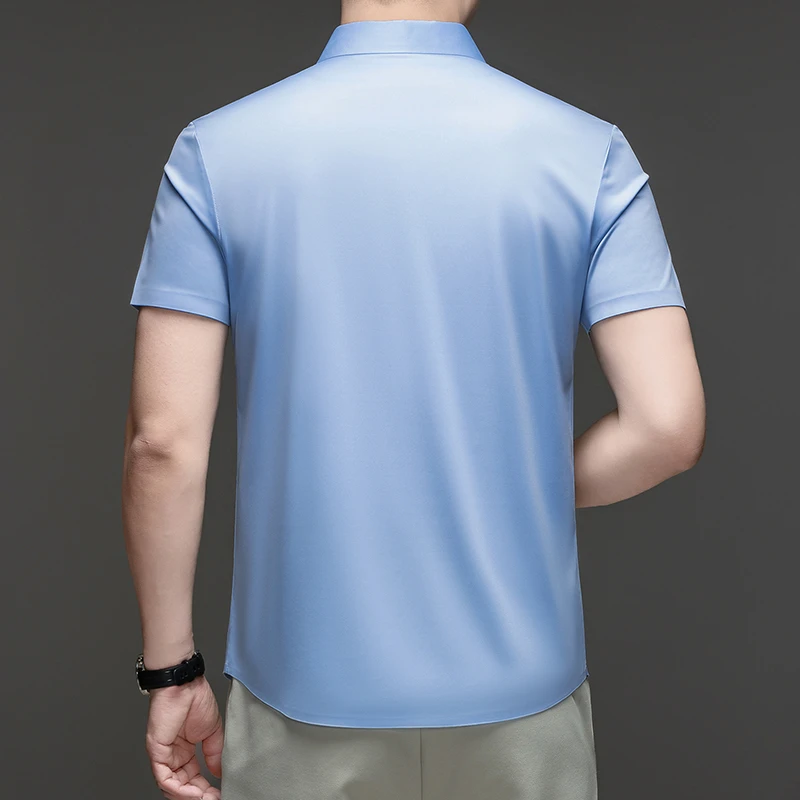 Casual Mens Short Sleeve Button Down Shirt Ice Silk Fabric Breathable Wrinkle Resistant Summer Formal Top