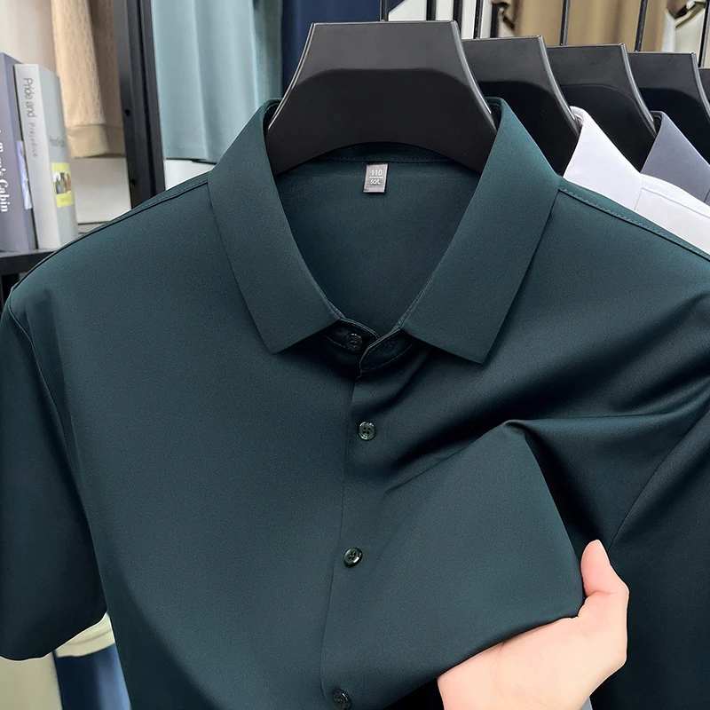 Casual Mens Short Sleeve Button Down Shirt Ice Silk Fabric Breathable Wrinkle Resistant Summer Formal Top