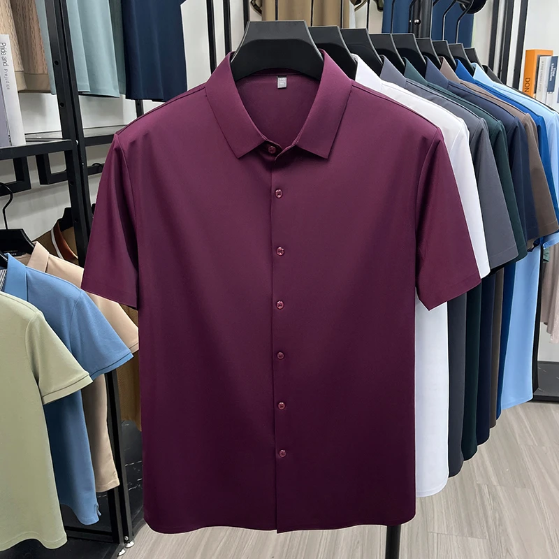 Casual Mens Short Sleeve Button Down Shirt Ice Silk Fabric Breathable Wrinkle Resistant Summer Formal Top