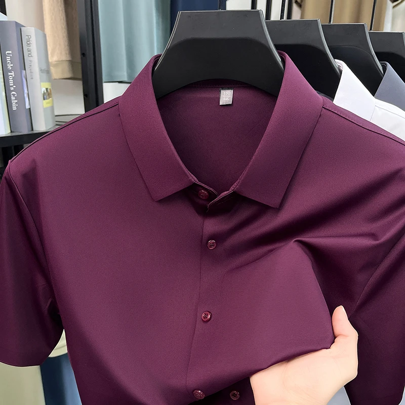 Casual Mens Short Sleeve Button Down Shirt Ice Silk Fabric Breathable Wrinkle Resistant Summer Formal Top
