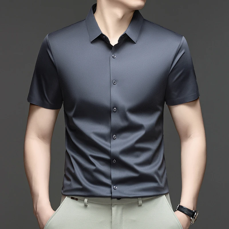 Casual Mens Short Sleeve Button Down Shirt Ice Silk Fabric Breathable Wrinkle Resistant Summer Formal Top