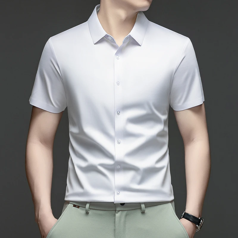 Casual Mens Short Sleeve Button Down Shirt Ice Silk Fabric Breathable Wrinkle Resistant Summer Formal Top