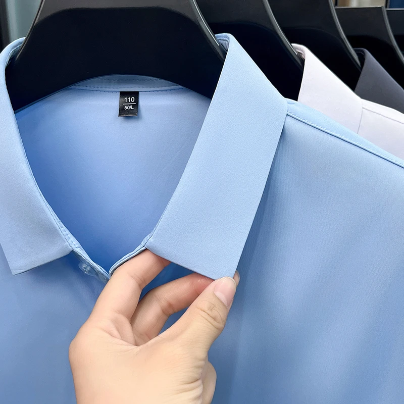 Casual Mens Short Sleeve Button Down Shirt Ice Silk Fabric Breathable Wrinkle Resistant Summer Formal Top
