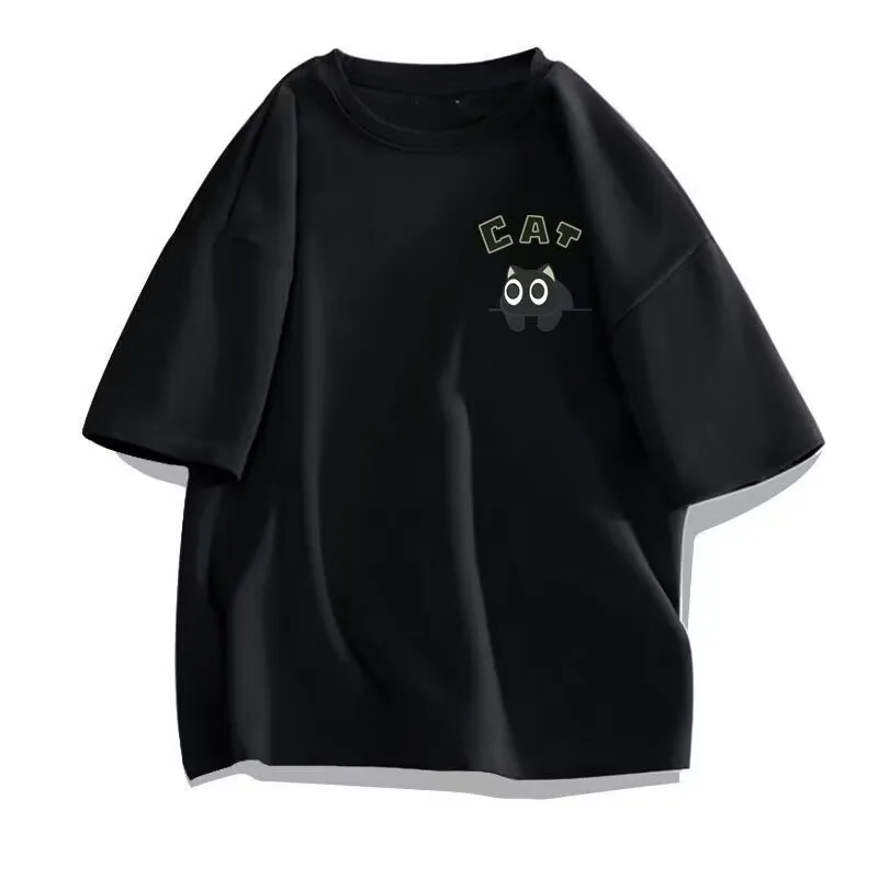 【 M-8XL 】 Summer Limited Edition Men's Oversized T-shirt Korean Casual Loose Style Anime Black Cat Print T-shirt