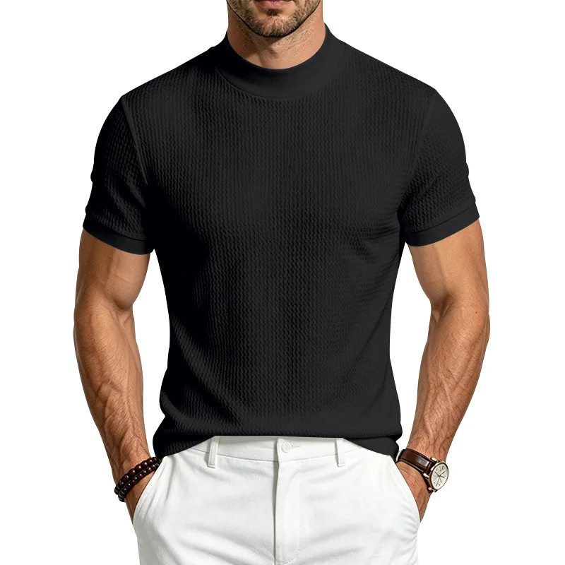 Men Summer Solid Jacquard Textured Mock Neck Short Sleeve T Shirt Slim Fit Simple Versatile Casual Daily Male Basic Tees