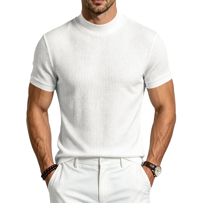 Men Summer Solid Jacquard Textured Mock Neck Short Sleeve T Shirt Slim Fit Simple Versatile Casual Daily Male Basic Tees