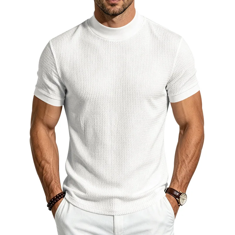 Men Summer Solid Jacquard Textured Mock Neck Short Sleeve T Shirt Slim Fit Simple Versatile Casual Daily Male Basic Tees